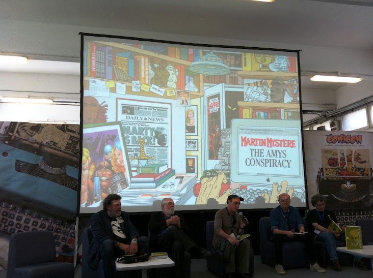 L'incontro dedicato a Martin Mystere e Diabolik. <br>Da sx: Gomboli, Castelli, Boschi, Alessandrini, Filippucci<br><i>(c) 2012 uBC Fumetti</i>