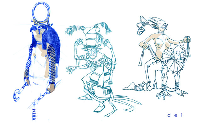 DEI - Studi Personaggi, seconda fase: altri Dei<br>disegni e colori di Emanuele Tenderini<br><i>(c) 2012 Bao Publishing</i>