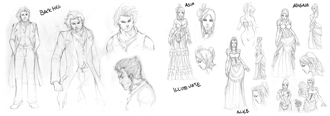 Studio Personaggi: Backfire, Asia, Alice e Abigail<br>disegni di Giulinao Monni e Giuseppe Cafaro<br><i>(c) 2012 GG Studio</i>