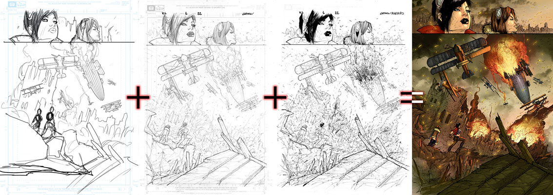 Realizzazione di una tavola: dai lay-out ai colori<br>disegni di Giuseppe Cafaro, chine di Lorenzo Ruggiero, colori di Ruben Curto<br><i>(c) 2012 GG Studio</i>