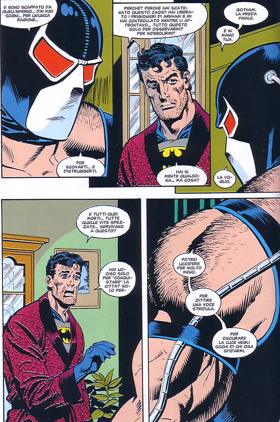 Bane e Bruce Wayne faccia a faccia<br>disegni di Jim Aparo, Batman la leggenda n.53<br><i>(c) 1993 DC Comics, (c) 2009 Editorial Planeta De Agostini</i>