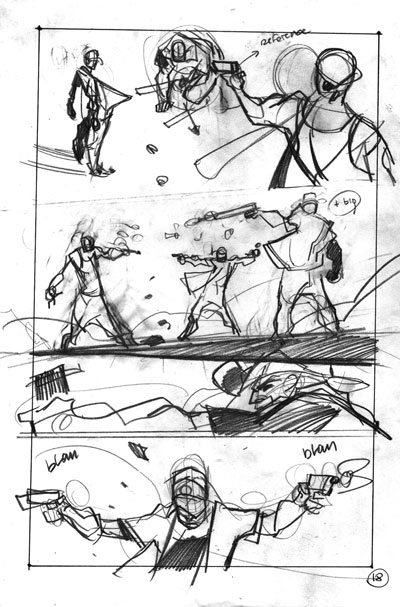 Layout tavola tratta da Six Guns<br>disegni di Davide Gianfelice<br><i>(c) TM & © 2012 MARVEL Edizione italiana: Panini S.p.A.</i>