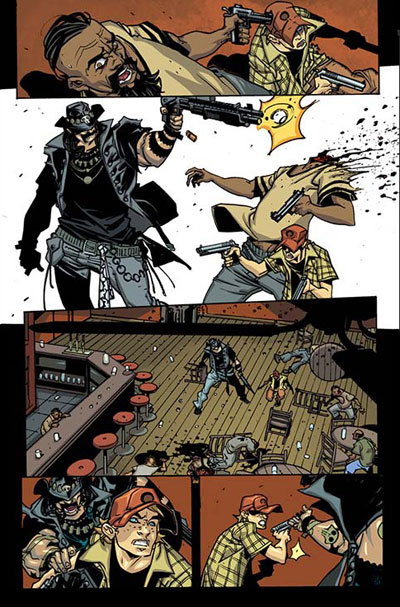 Tavola tratta da Six Guns<br>disegni di Davide Gianfelice, colori di Dave McCaig<br><i>(c) TM & © 2012 MARVEL Edizione italiana: Panini S.p.A.</i>