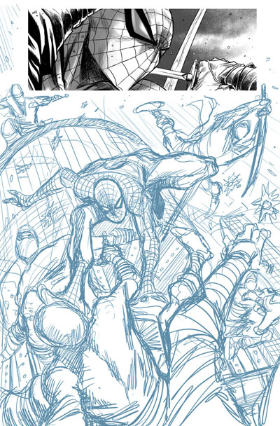 Matite tavola tratta dalla saga The Omega Effect<br>disegni di Marco Checchetto<br><i>(c) TM & © 2012 MARVEL Edizione italiana: Panini S.p.A.</i>