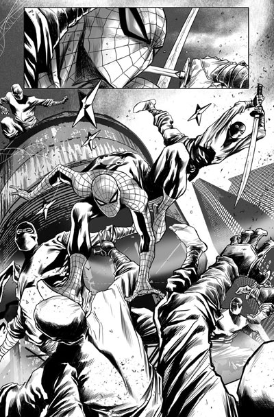 Chine e mezzetinte tavola tratta dalla saga The Omega Effect<br>disegni di Marco Checchetto<br><i>(c) TM & © 2012 MARVEL Edizione italiana: Panini S.p.A.</i>
