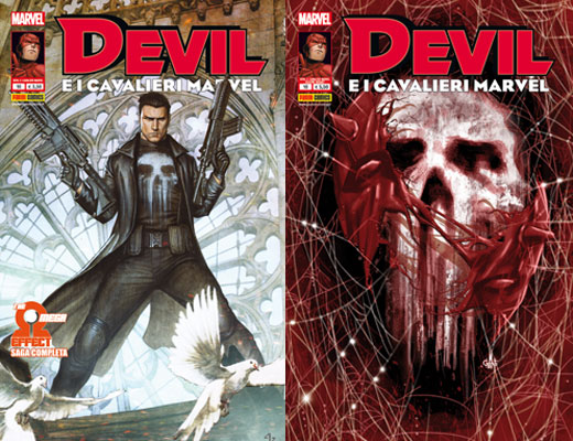 Cover Regolare (sx) e Metallizzata (dx) Devil e i Cavalieri Marvel #10 - The Omega Effect Cover Regolare (sx) e Metallizzata (dx) Devil e i Cavalieri Marvel #10 - The Omega Effect<br>disegni e colori di Marco Checchetto<br><i>(c) TM & © 2012 MARVEL Edizione italiana: Panini S.p.A.</i>