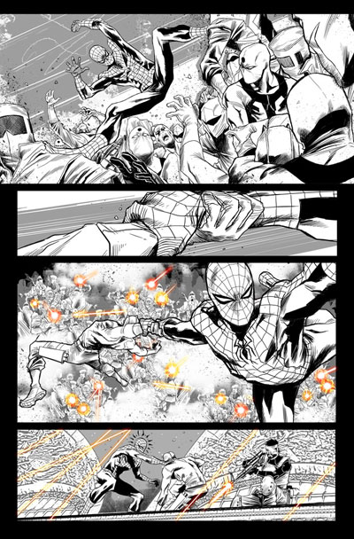 Chine e mezzetinte tavola tratta dalla saga The Omega Effect<br>disegni di Marco Checchetto<br><i>(c) TM & © 2012 MARVEL Edizione italiana: Panini S.p.A.</i>