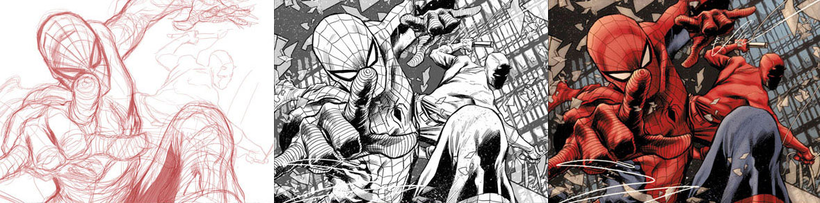 Dalla matita al colore: vignetta tratta dalla saga The Omega Effect<br>disegni di Marco Checchetto, colori di Matt Hollingsworth<br><i>(c) TM & © 2012 MARVEL Edizione italiana: Panini S.p.A.</i>