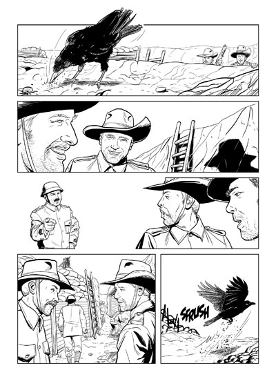 Tra cielo e fango  - Tavola 5<br>disegni di Alberto Lingua<br><i>(c) 2012 Editoriale Aurea</i>