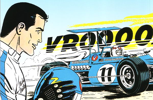 Michel osserva la Vaillante guidata dall'amico Steve Michel osserva la Vaillante guidata dall'amico Steve<br>illustrazione sul retro copertina de Le storie di Michel Vaillant n.1 (Gazzetta dello Sport)<br><i>(c) Jean Graton - Graton Editeur - Dupuis, 2012</i>