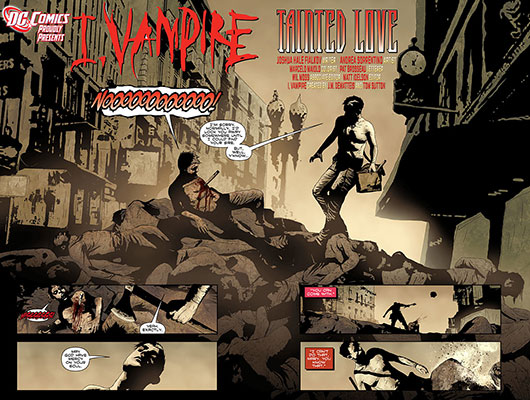 Tavola tratta da I, Vampire<br>disegni di Andrea Sorrentino, colori di Jenny Frison e Marcelo Maiolo<br><i>(c) TM & © 2012 DC Comics - Edizione italiana: Lion Comics</i>