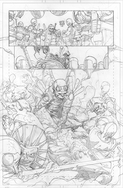 Tavola tratta da Frankenstein, agente dello S.H.A.D.E. - matite<br>disegni di Alberto Ponticelli<br><i>(c) TM & © 2013 DC Comics - Edizione italiana: Lion Comics</i>