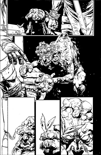 Tavola tratta da Frankenstein, agente dello S.H.A.D.E. - chine<br>disegni di Alberto Ponticelli<br><i>(c) TM & © 2013 DC Comics - Edizione italiana: Lion Comics</i>