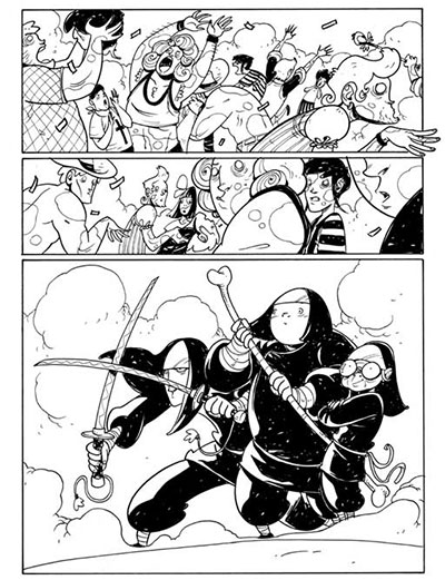 Tavola tratta da Suore Ninja numero 1<br>disegni di Vanessa Cardinali<br><i>(c) 2013 Davide La Rosa, Vanessa Cardinali & Edizioni Star Comics</i>