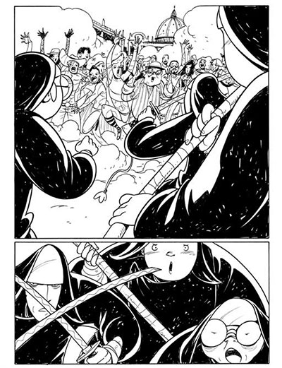 Tavola tratta da Suore Ninja numero 1<br>disegni di Vanessa Cardinali<br><i>(c) 2013 Davide La Rosa, Vanessa Cardinali & Edizioni Star Comics</i>