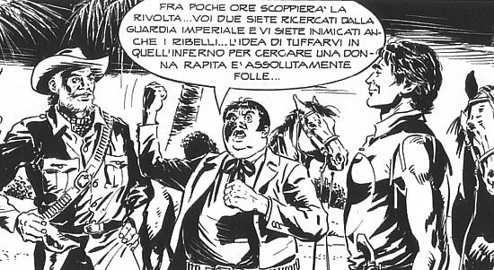 Cico espone le sue perplessità a Rodrigues e Zagor Cico espone le sue perplessità a Rodrigues e Zagor<br>disegni di Raffaele Della Monica, Zagor n.571, pag.66<br><i>(c) 2013 Sergio Bonelli Editore</i>