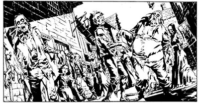 Vignetta tratta dal Color Fest numero 10: "I giorni oscuri"<br>disegni di Raul & Gianluca Cestaro<br><i>(c) 2013 Sergio Bonelli Editore - fonte <a href="https://www.facebook.com/pages/Overdrive-Studio/145868812176202" target="_blank">Overdrive Studio: Facebook</a></i>