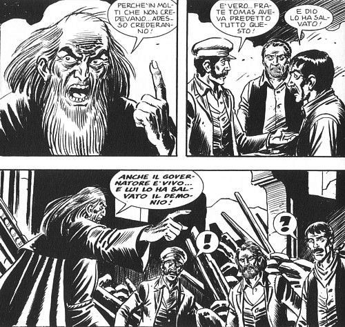 Dopo l'apocalisse: Frate Tomas e i cittadini di Concepcion<br>disegni di Sedioli e Verni, Zagor 579, pag.36<br><i>(c) 2013 Sergio Bonelli Editore</i>