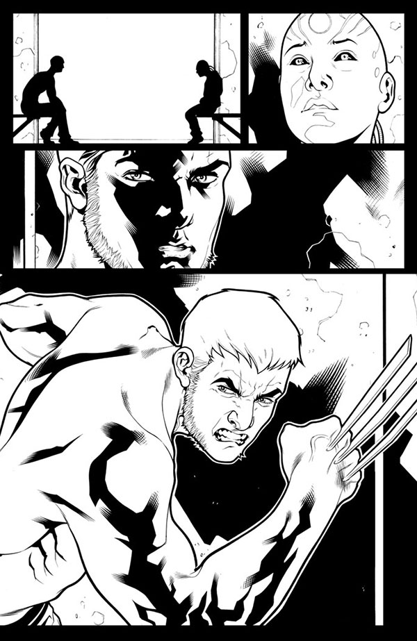 Chine tavola tratta da Ultimate Comics Wolverine: Eredità<br>disegni di David Messina, chine di Gary Erskine & Gaetano Carlucci<br><i>(c) TM & © 2013 MARVEL Edizione italiana: Panini S.p.A.</i>