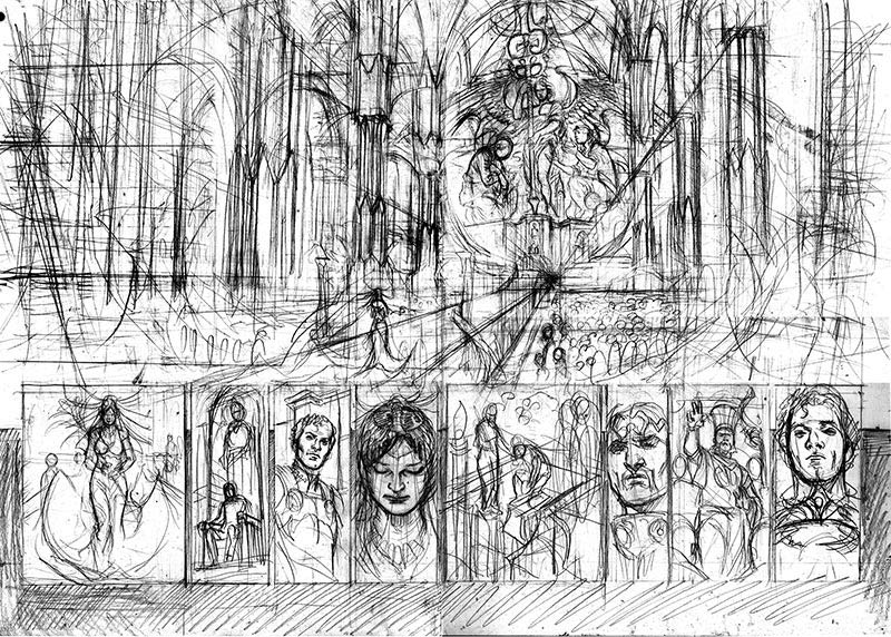 Tavola doppia tratta da Tenebre volume 1 - layout<br>disegni di Giuseppe Ricciardi<br><i>(c) 2014 Mondadori Comics</i>