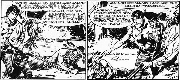 Maldon vorrebbe rendere pan per focaccia a Corno Rosso, ma Zagor gli dà una lezione Maldon vorrebbe rendere pan per focaccia a Corno Rosso, ma Zagor gli dà una lezione<br>disegni di Gallieno Ferri, Zagor n.304, pag.33-34<br><i>(c) 1990 Sergio Bonelli Editore</i>